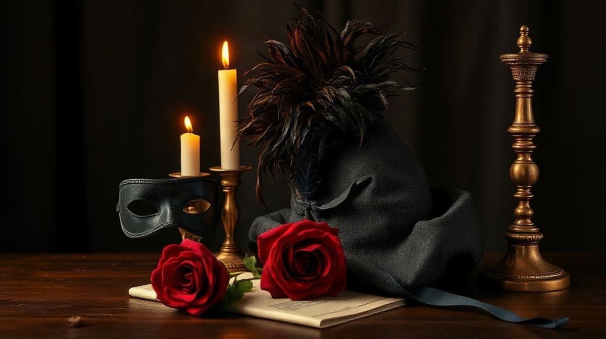 Chapeau à plume, masque noir et rose évoquant le séducteur Dom Juan
