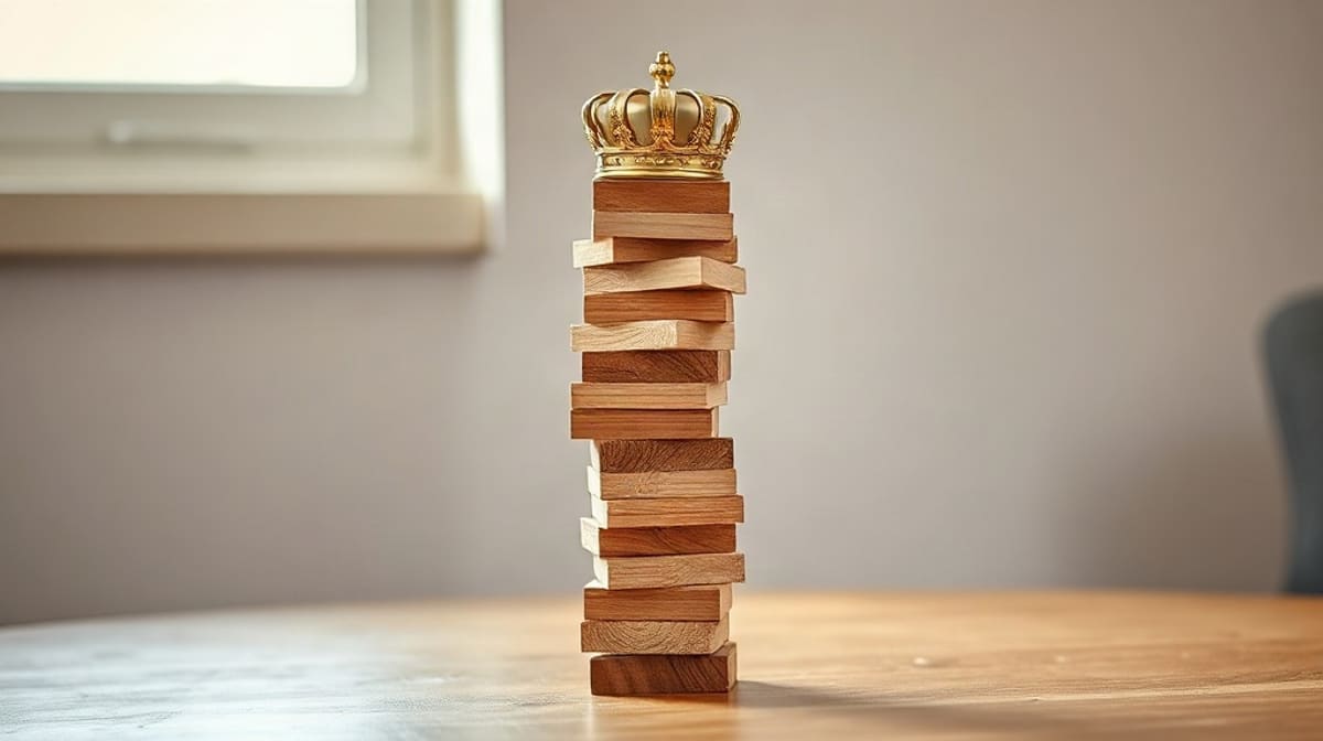 Tour de cubes en bois instable surmontée d’une petite couronne dorée sur une table